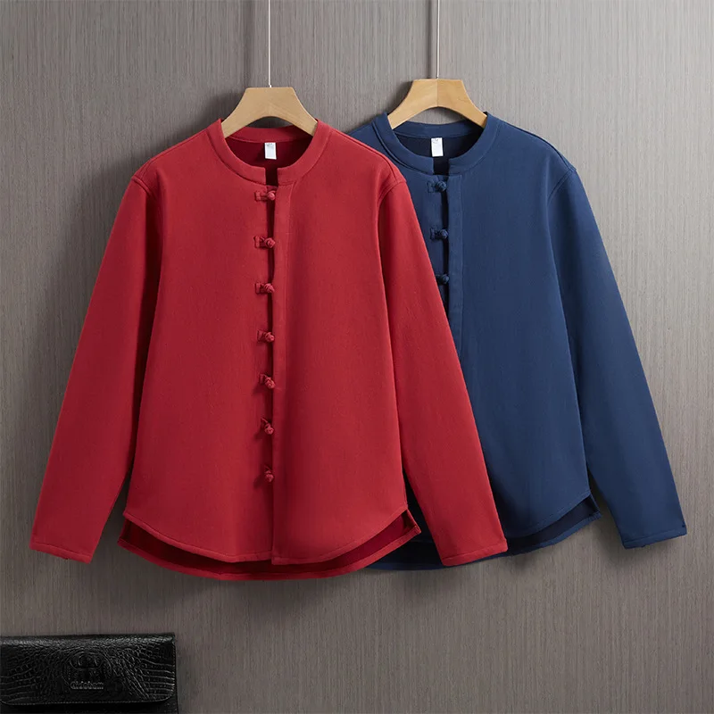 Autumn and Winter New Chinese Style Retro Coat Fleece Thickened Warm Solid Color Buckle Chinese Tang Style Shirt