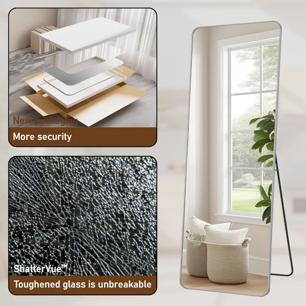 Miroir de sol argenté pleine longueur, 65 x 24 pouces, coins arrondis, polyvalent sur pied ou suspendu, idéal pour les chambres à coucher et le salon de spa