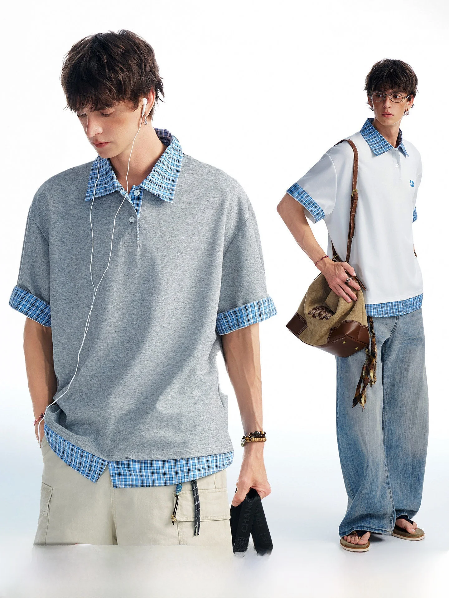

American Style High Intelligence Sense Short Sleeve Collar T-Shirt Color Block Summer New Men's Top Breathable Cotton Blend