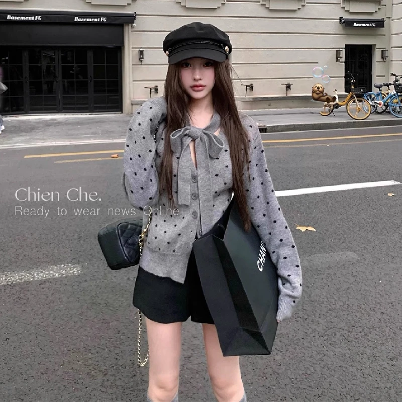 Camisola feminina cinza cardigan dot com decote em v rendas laço topos jumpers 2025 outono manga longa moda senhoras coreanas malhas