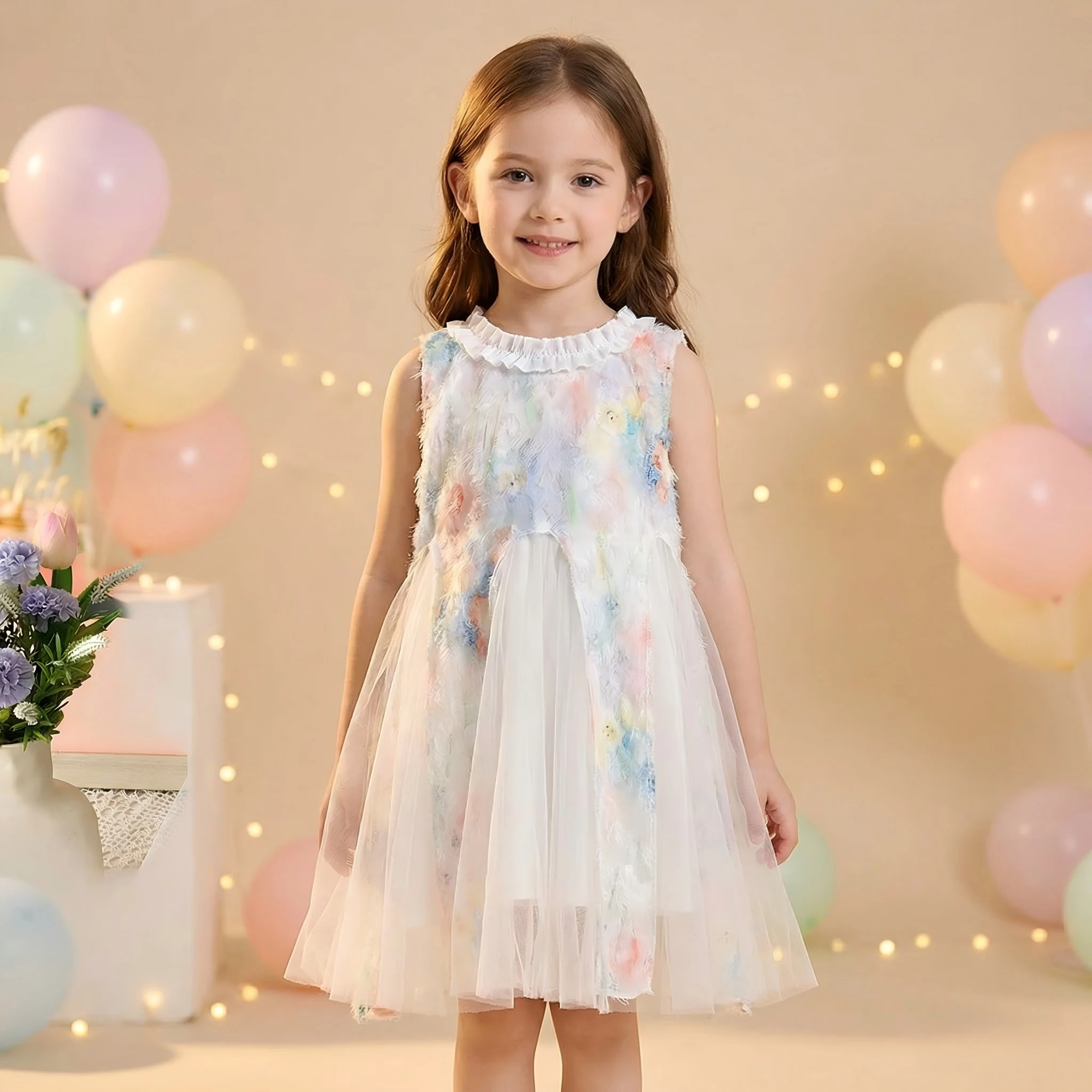 Summer New Girl Birthday Party Casual Princess Costume Round Neck Lace Sleeveless Lace Mesh Rainbow Dress Korean Version