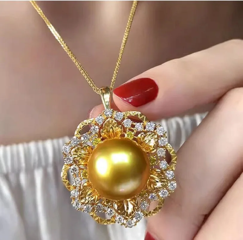 AAAA 12-11mm South China Sea Round Gold Pearl Pendant Necklace 18 inches 925's