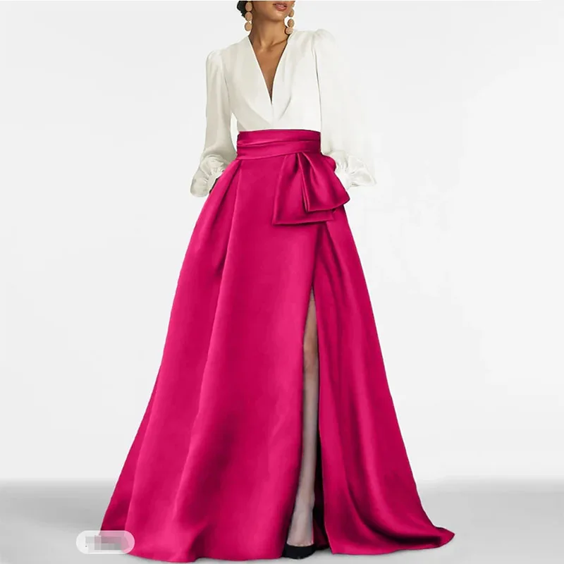 Elegant A-Line Formal Evening Gown Long Sleeve V Neck Satin Floor-Length with Pleats Slit 2024 Wedding Party Prom Gowns