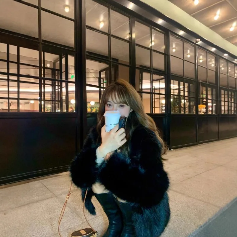 

Brown O-neck Furry Jacket Fluffy Faux Fox Loose Plush Coat Leather and Fur Luxury Warm Thick Fancy Short Faux Fur Jackets Casual