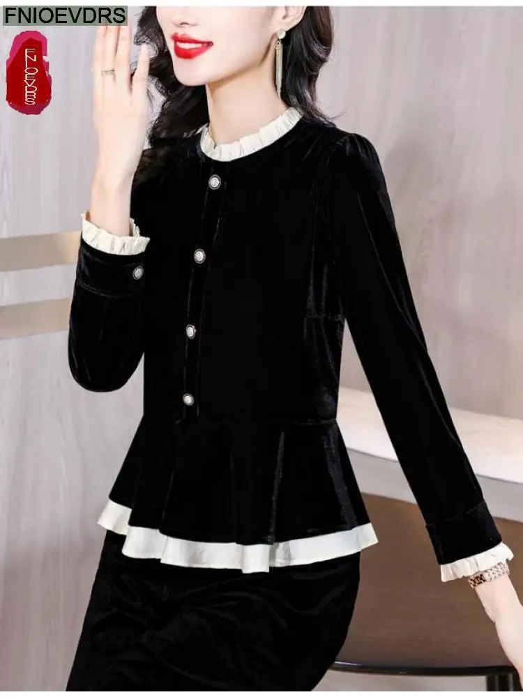 S-4XL Ruffles Black Velvet Top Women Autumn Winter French Design Elegant Office Lady Work Button Shirt Slim Retro Peplum Blouses