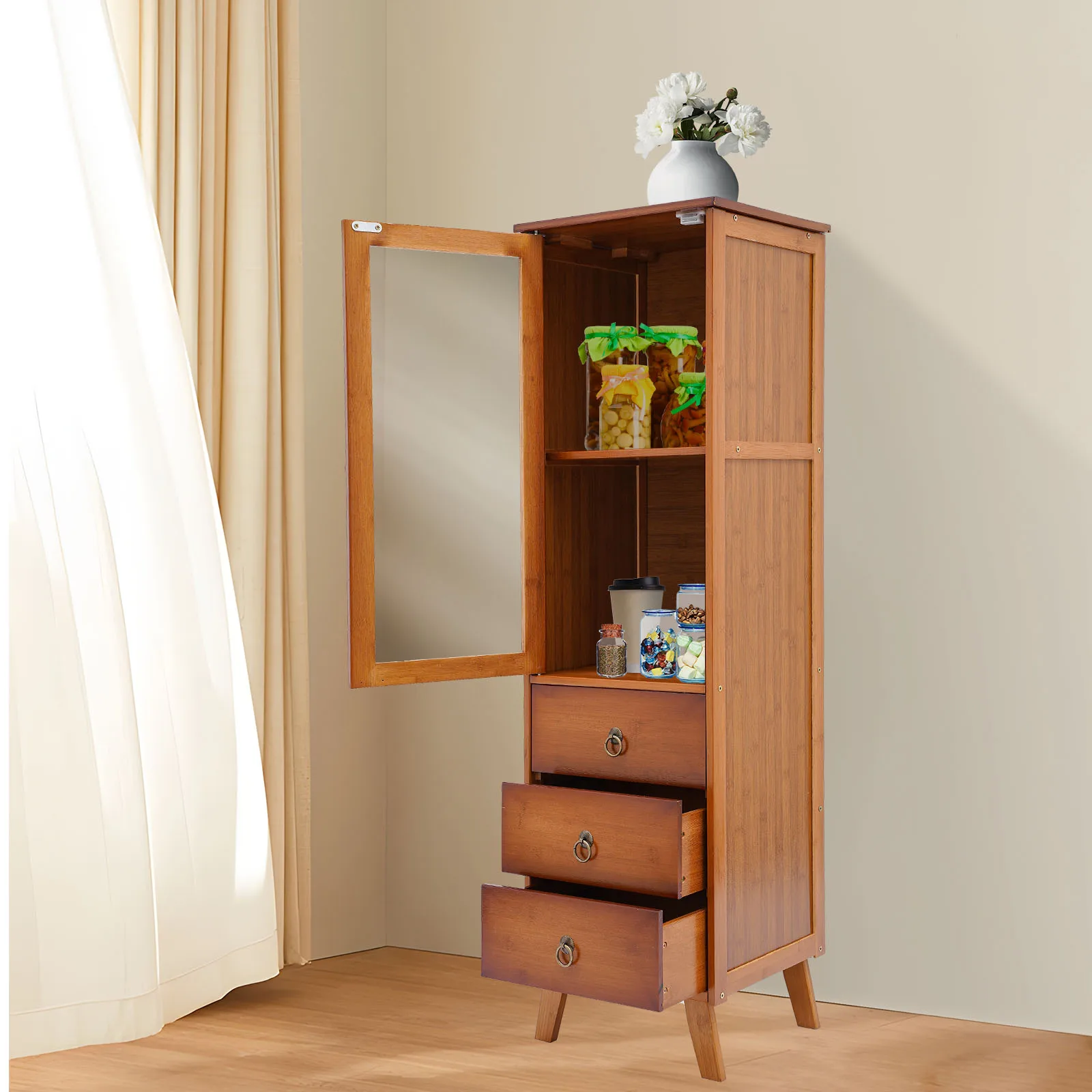 

Sturdy Bamboo Storage Cabinet, 3 Drawers, 2 Tiers, Raised Foot Design, Easy Cleaning, Modern Look