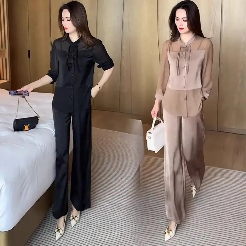 New Chinese Fashion Shirt Trousers suit 2024 Summer New Elegant Button Shirt Wide Leg Pants Two-Piece Y2K Lady Loose Pants Sets