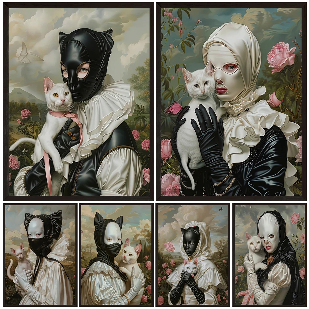 

Masked Girl Holding White Cat,Abstract Wall Art Canvas Painting,Weird Girl Gothic Art Poster And Print, Home Decoration Unframed