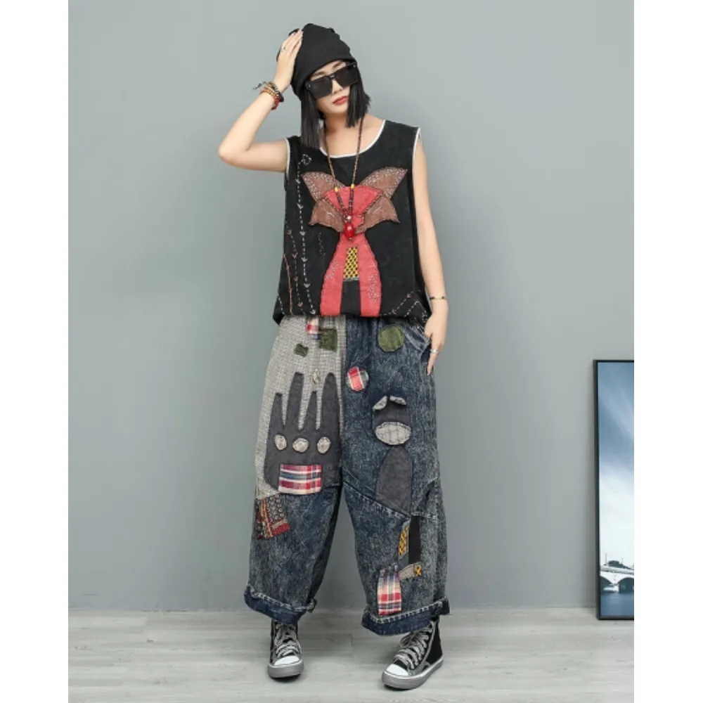 Hand Embroidered Stir Fried Color Pant Set Women Sleeveless T-shirt + Straight Leg Denim Pants Two Piece Set LX2626