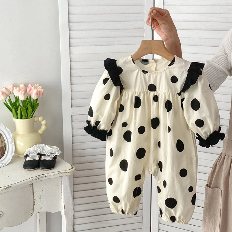 

2024 New Spring Toddler Baby Girl Romper Long Sleeved Cotton Dot Print Newborn Baby Girl Jumpsuit 0-24M Baby Girl Clothing