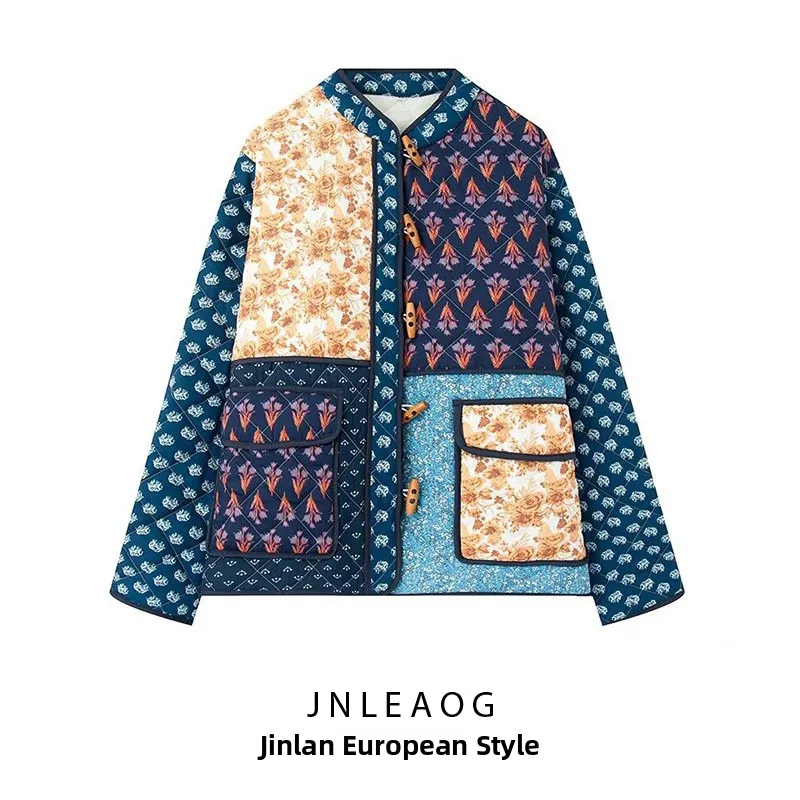 

JNLEAOG Spring New Faion Women's Loose Cotton Jaet Floral Patchwork Outerwear Polyester Fabric round Ne Button Closure