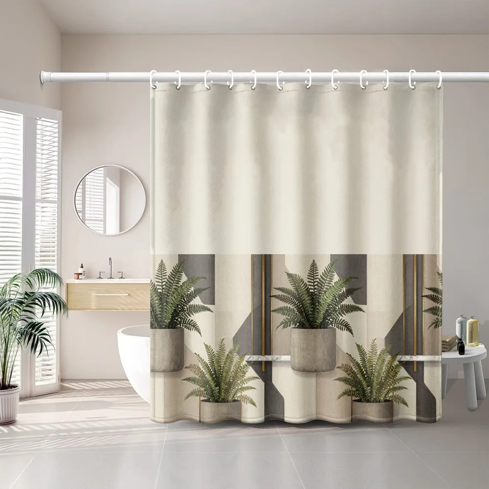 1pc Minimalist Geometric Background Greenery Modern Style Printed Shower Curtain Bathroom Home Decor Shower Curtain with Plastic