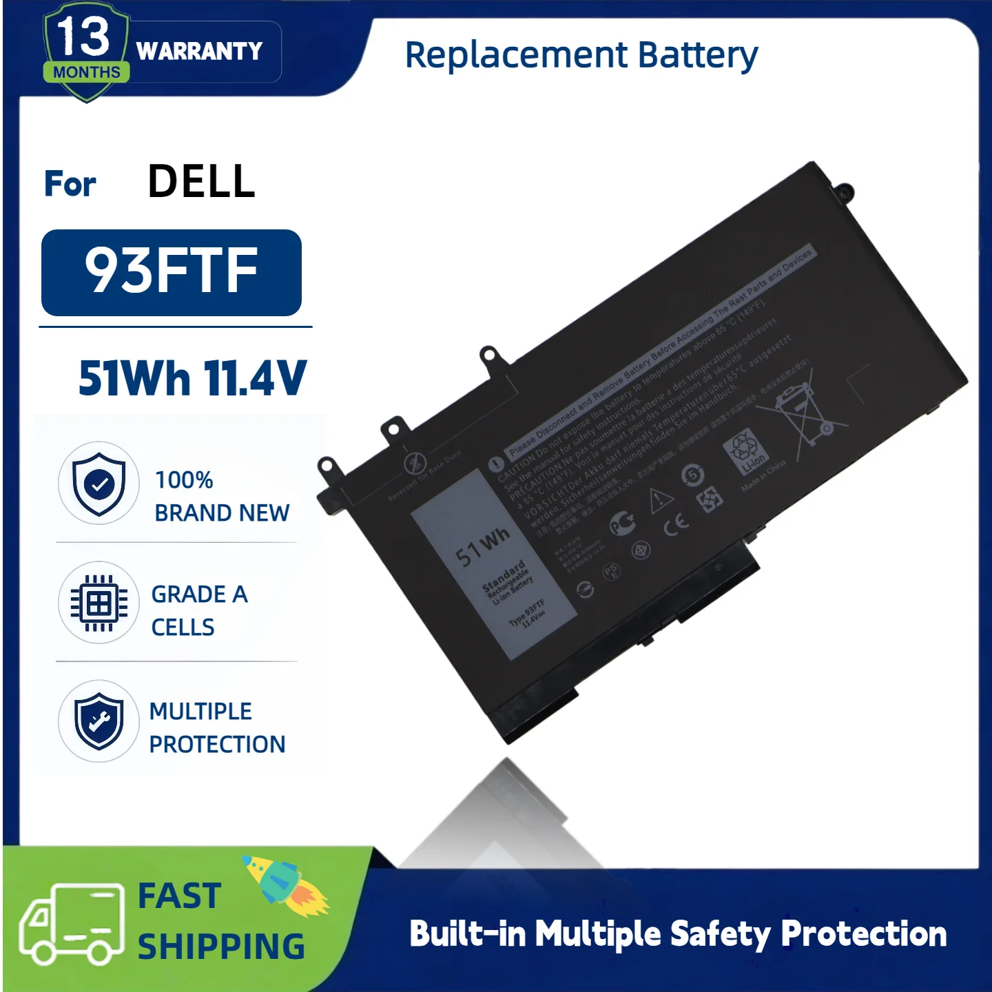 Batería para Portátil de 11.4V 51Wh 93FTF Compatible con Dell Precision15 3520 3530 Latitude12 5280 E5280 E5580 D4CMT 4YFVG 83XPC 083XPC