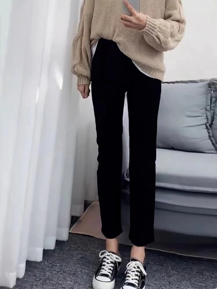 

Джинсы женские с высокой талией, эластичные, черные, больших размеров, осенне-зимние, прямые, укороченные, повседневные, стройнящие