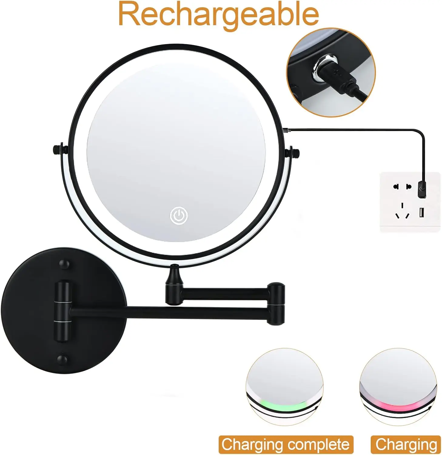 Mounted Lighted Makeup Mirror Bathroom Black USB Rechargeable Model 8