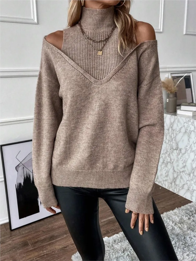

New Autumn Winter Casual Women Cold Shoulder Loose Long Sleeve Knitted Sweater, Sexy Lady Solid Turtleneck Pullover Jumper Tops