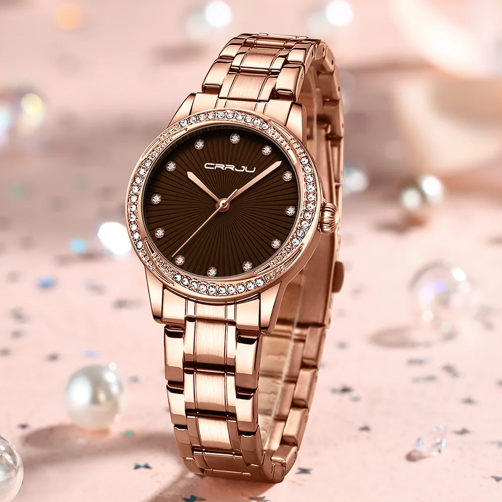 Reloj de mujer CRRJU, diseño moderno y sencillo, con movimiento de cuarzo, resistente al agua y adornado con pedrería, ideal para vestir y llevar en la muñeca. Reloj femenino.