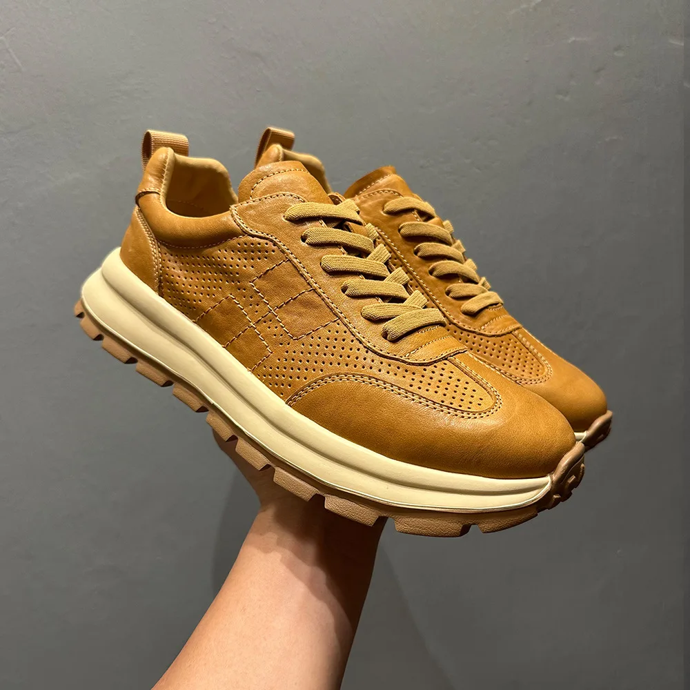 

QHCCID Horsehide Leather Men Shoes Sneakers Trend Casual Shoe Breathable Leisure Male Sneakers Shoes Outdoor