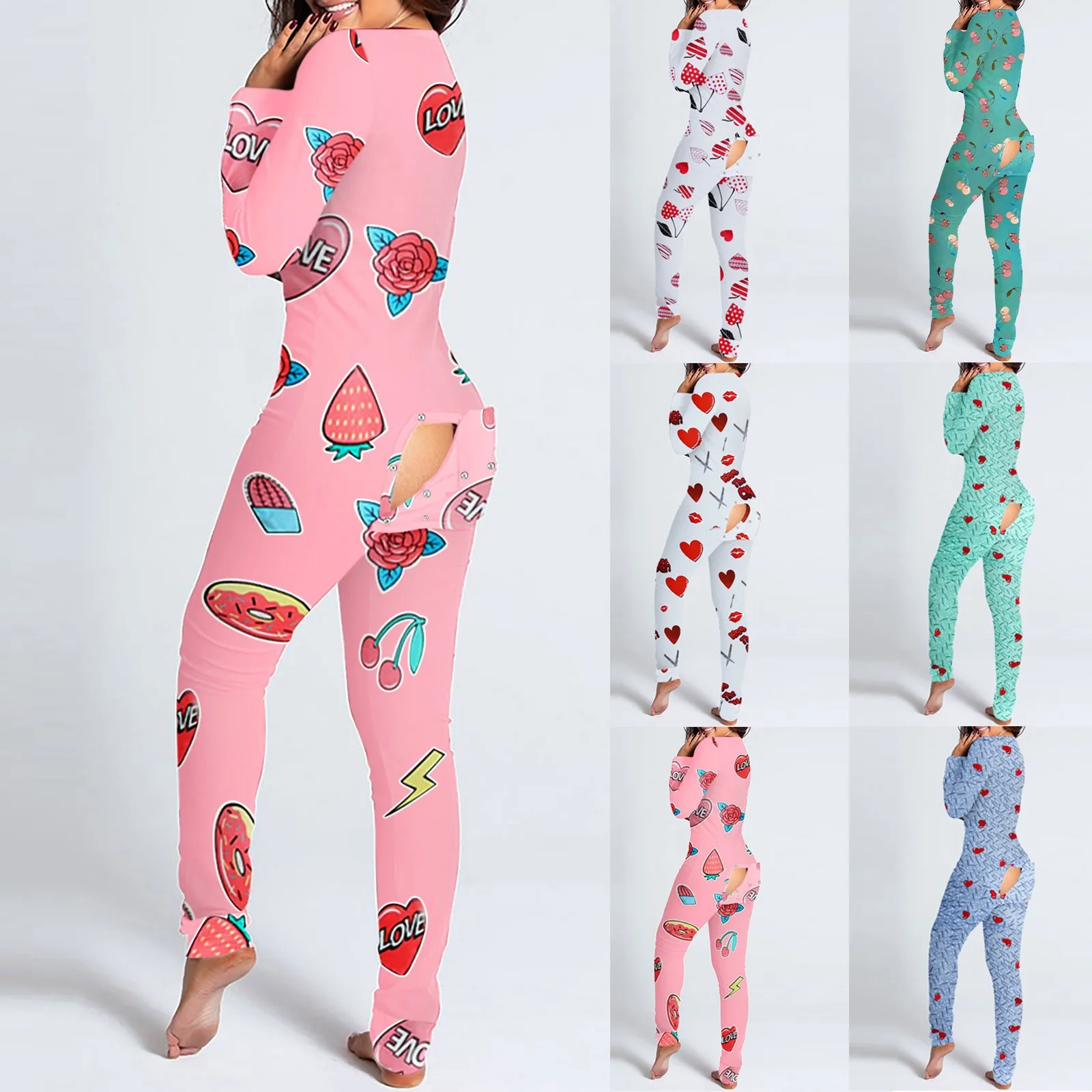 Womens Jumpsuit Button Down Onesies Christmas Love Print Suit Functional Buttoned Flap Adults Jumpsuit Sleepwear Xmas Pyjamas