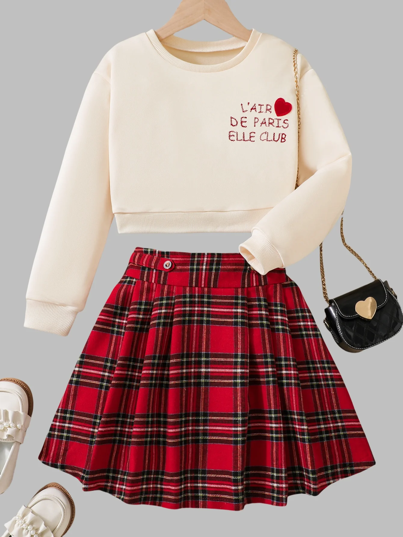 Girls' College Style Skirt Set - Beige Love Printed Top, Classic Red and Green Plaid Skirt