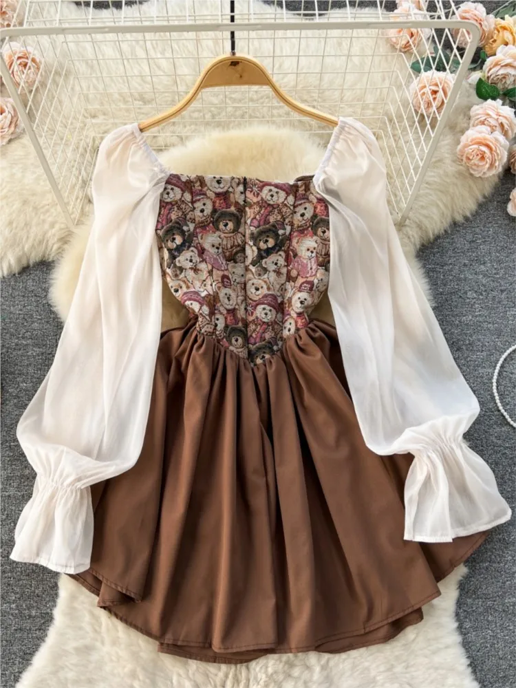 Vintage Sweet Puff Sleeves Dress Casual Autumn Women Fashion French Lace Patchwork Square Neck A-Line Mini Dresses Femme Clothes