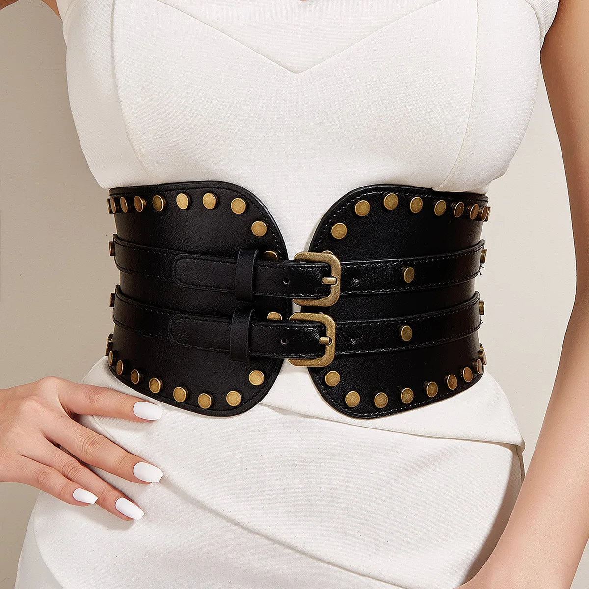 pattern three-button waist seal with outer wear for women's decoration, body slimming, retro metal buckle elastic waist