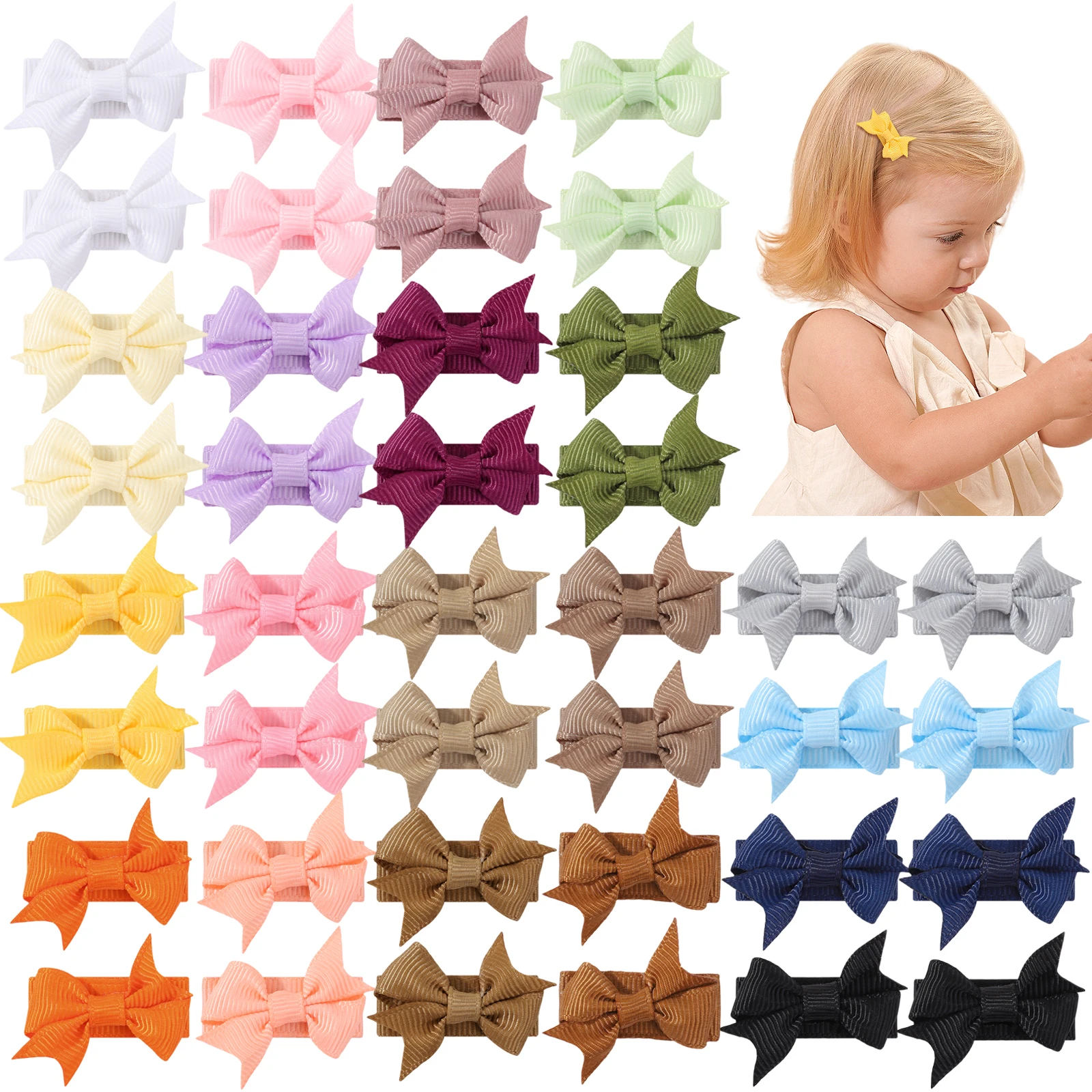 

40pcs/set Baby Girl Hair Accessories Set Mini 1.2" Grosgrain Ribbon Fully Lined Bow Hairpins Random 20 Colors Hair Bows Clips
