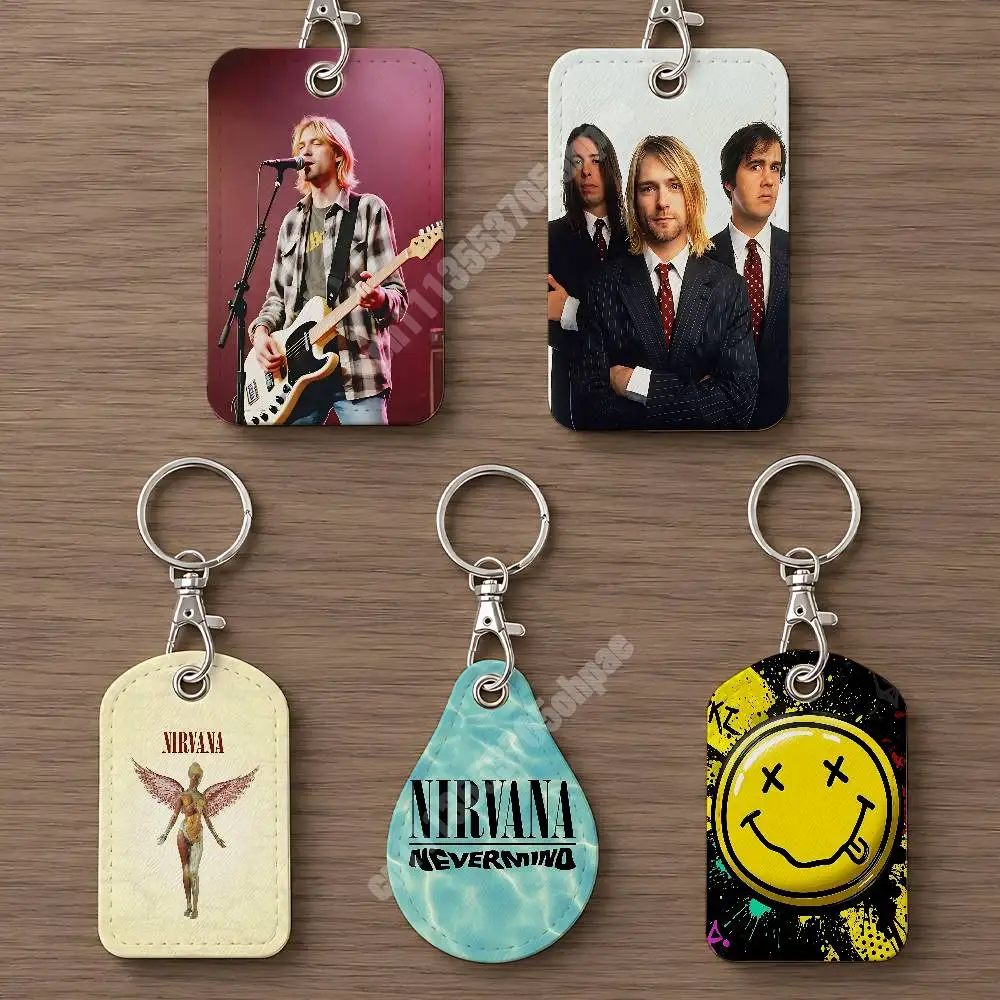 N-Nirvana Band K-Kurt Singer Cobain Leather Keychain Card Holder for Airtag & Access Cards Modern Bus Pass