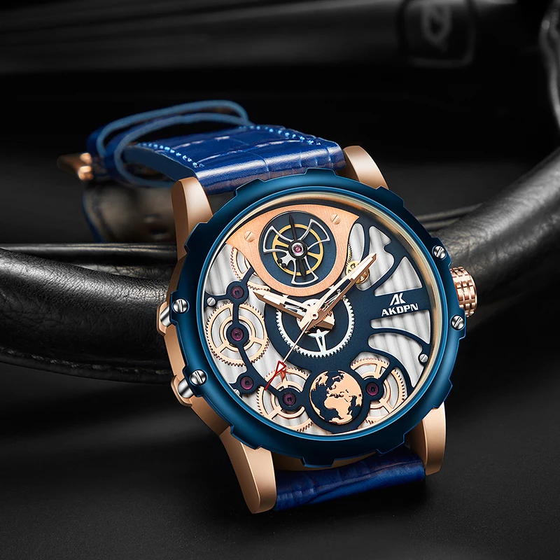 高級感のあるライトラグジュアリーメンズクォーツ腕時計、ファッショナブルなスタイル、中空文字盤デザイン、防水レザーストラップ、男性用腕時計（reloj）