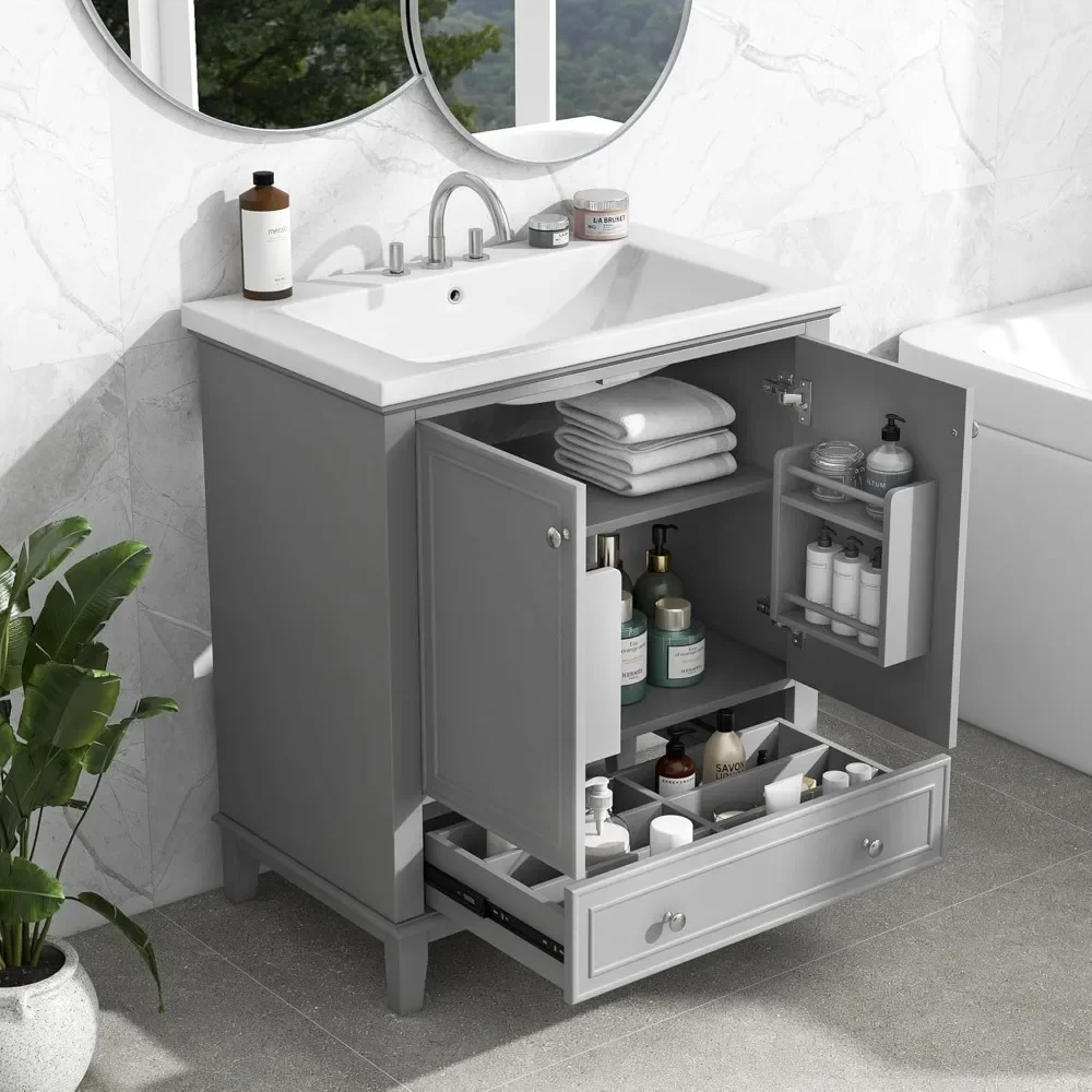 "30" Bathroom Vanity w/ Sink Combo - Multi-Functional Cabinet w/ Doors & Drawer, Solid Frame & MDF Board"​