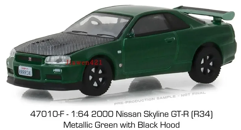 GreenLight 1:64 2000 Nissan Skyline GT-R (R34) Green Alloy Model toy cars Vehicles For Children Metal Diecast Boys gift hot