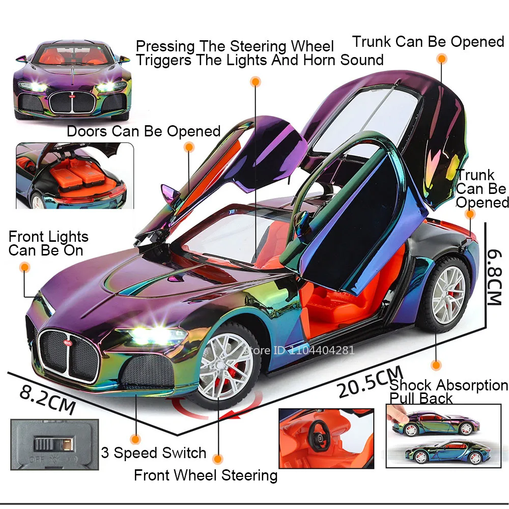 1:24 Alloy Diecast Atlantic Toys Sports Cars Models Doors Opened Vehicle Pull Back Light Music Miniature Car Kids Festival Gifts