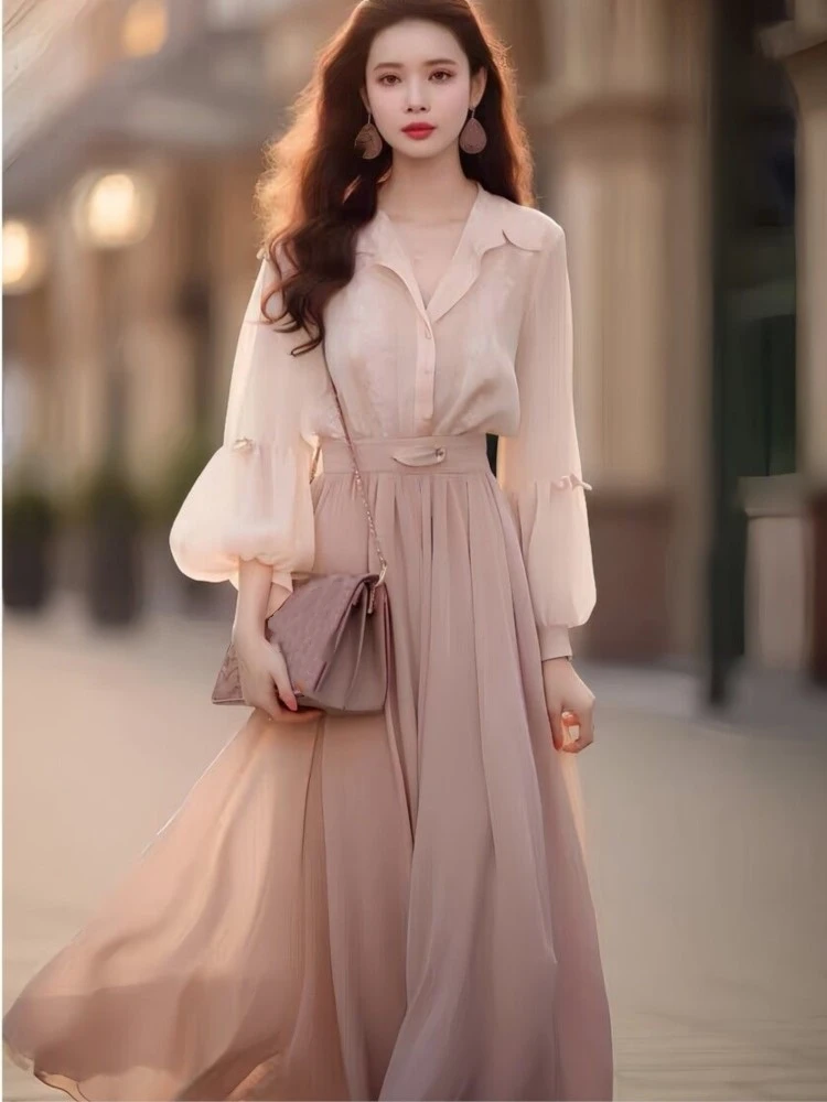 

Elegant Two-piece Skirt Set Women Spring Solid Long Sleeve Shirt Midi A-line Skirt Casual Office Ladies Streetwear Outfits 2024