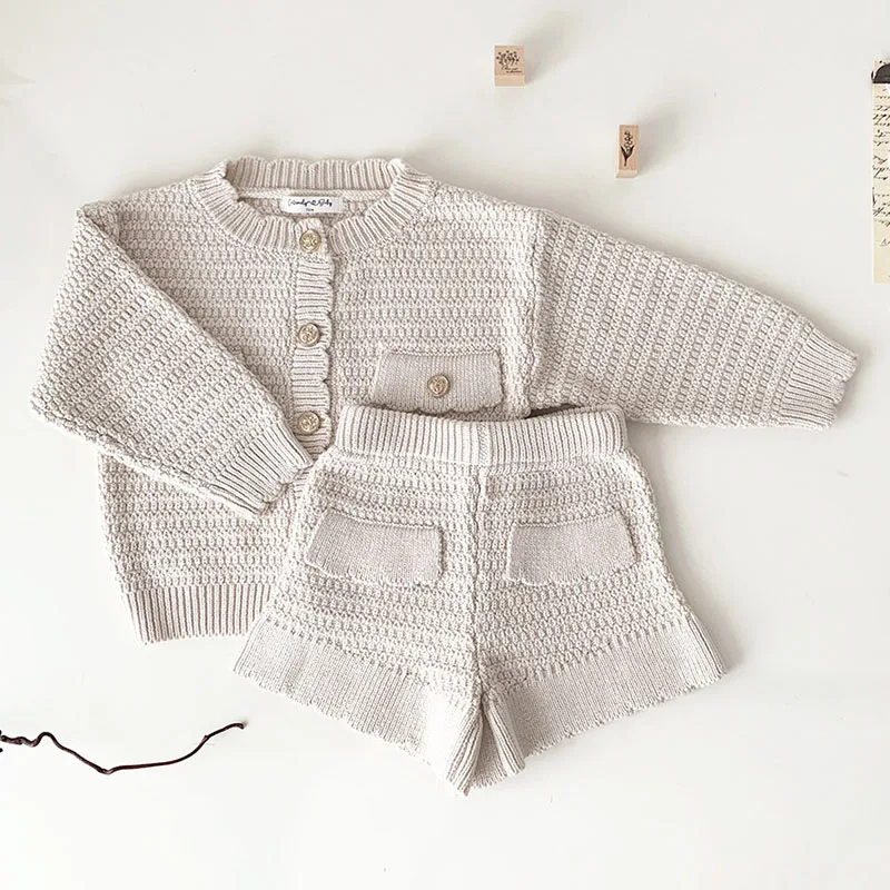 Autumn Spring Baby Girl Clothes Suit Long Sleeved Solid Color Knitted Cardigan Sweater+Shorts Kids Knitted Clothing Set