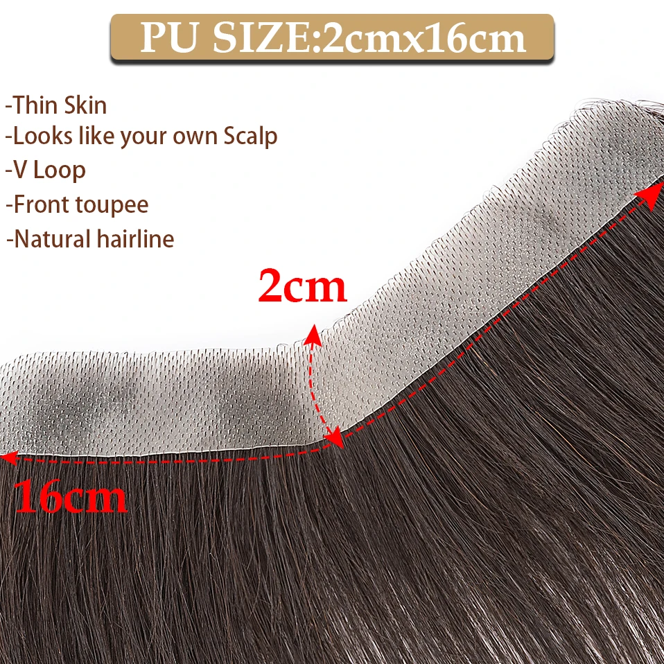 SEGO 2x16CM Front Hairline Men Toupee Natural 100% Human Hair Frontal Male Wig V Loop PU Full Skin Handmade Real Hairpiece