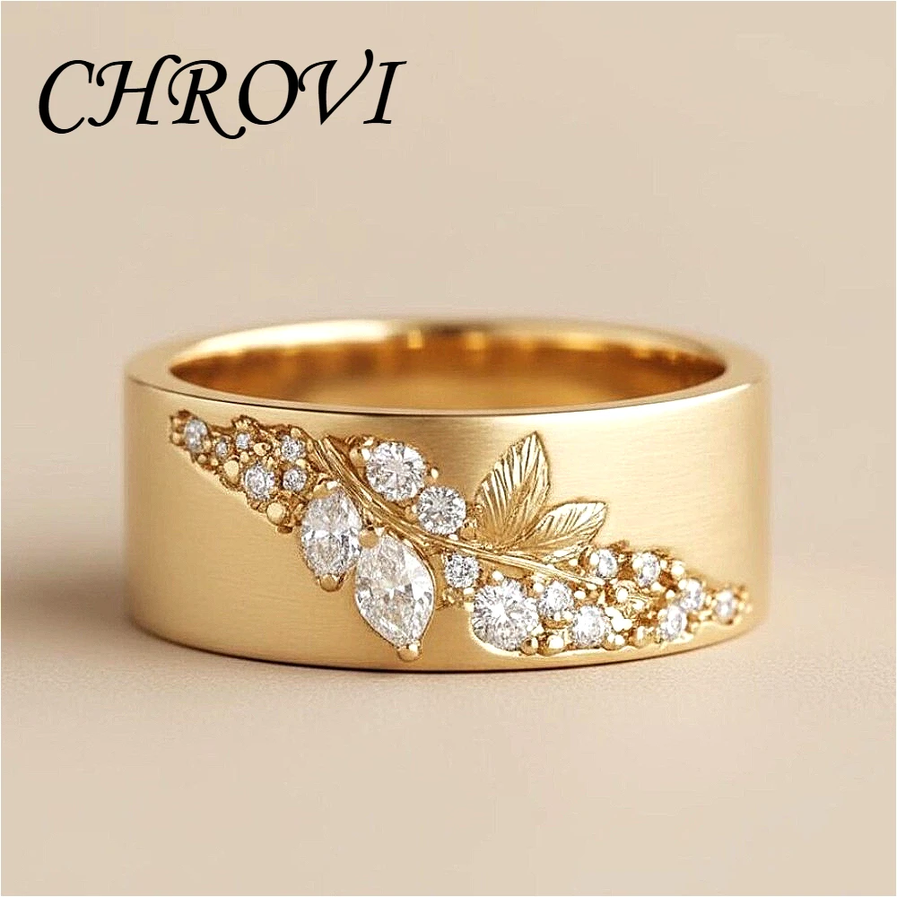Light luxury gold-tone leaf zircon ring, stylish and versatile, perfect for engagement or everyday wear
