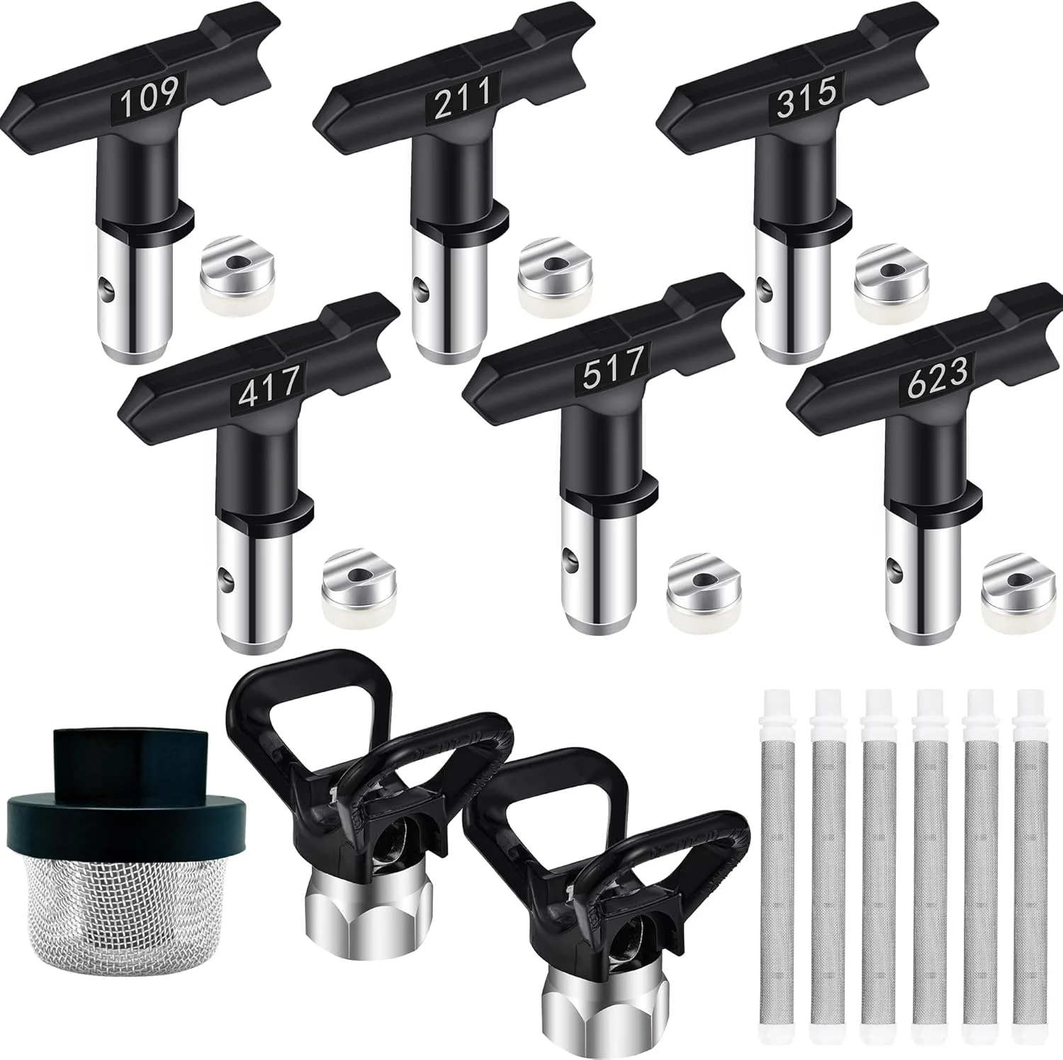 Reversible Airless Spray Tips Kit,6 Paint Nozzles 109,211,315,417,517,623,Nozzle Guards & Filters for Airless Paint Gun