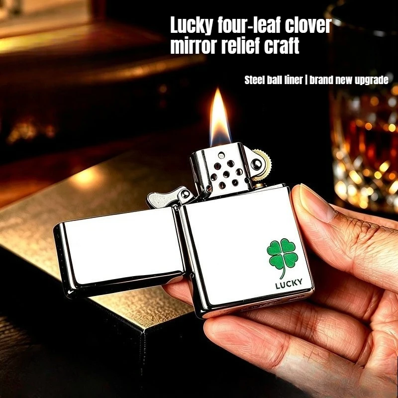 STAR 2nd Gen White Nickel Four Leaf Clover Fuel Lighter Steel Ball Inner Tank Portable Creative Gift for Men Smoking Accessories