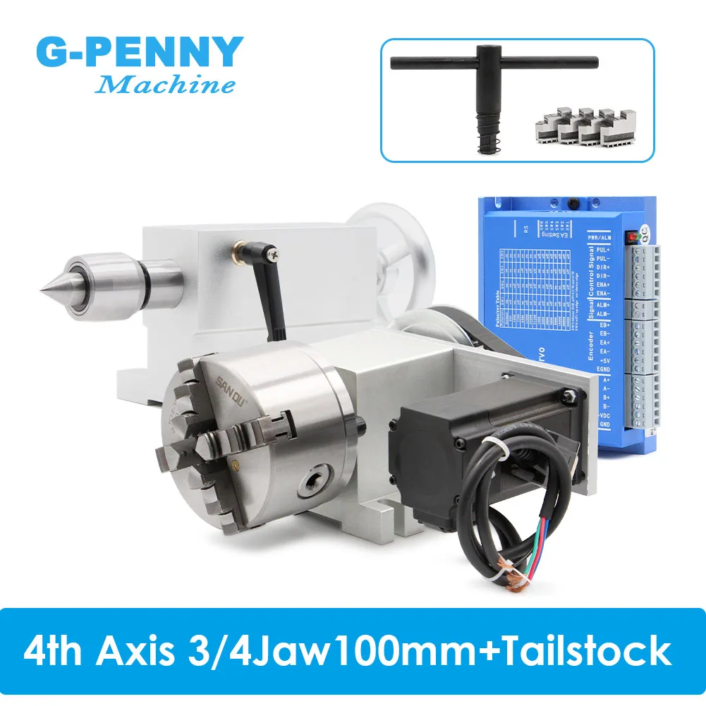 Axis Kit 4jaw 100 mm Nema23 2.2nm Hbs57 Circuito Fechado Motor Deslizante um Eixo de Rotação com Cabeça Mutável Tailstock 4th