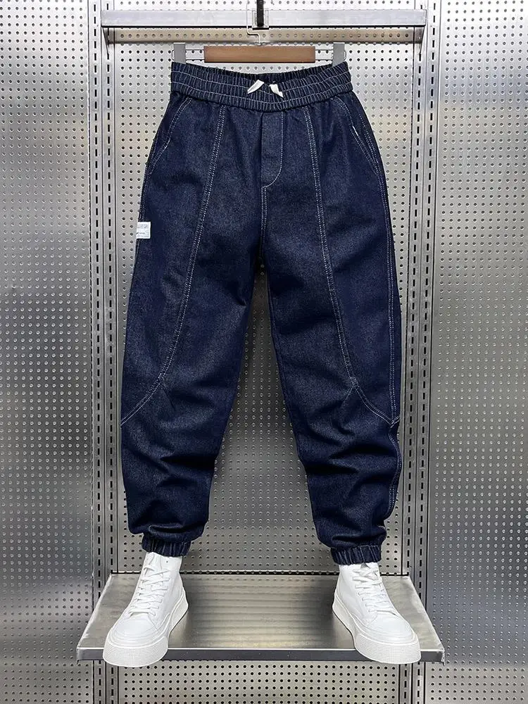 

Loose Fit Men's Winter Denim Jeans Harlan Cuffed Wide Leg Blue Trendy Large Size Patchwork Trousers Youthful Casual Wear
