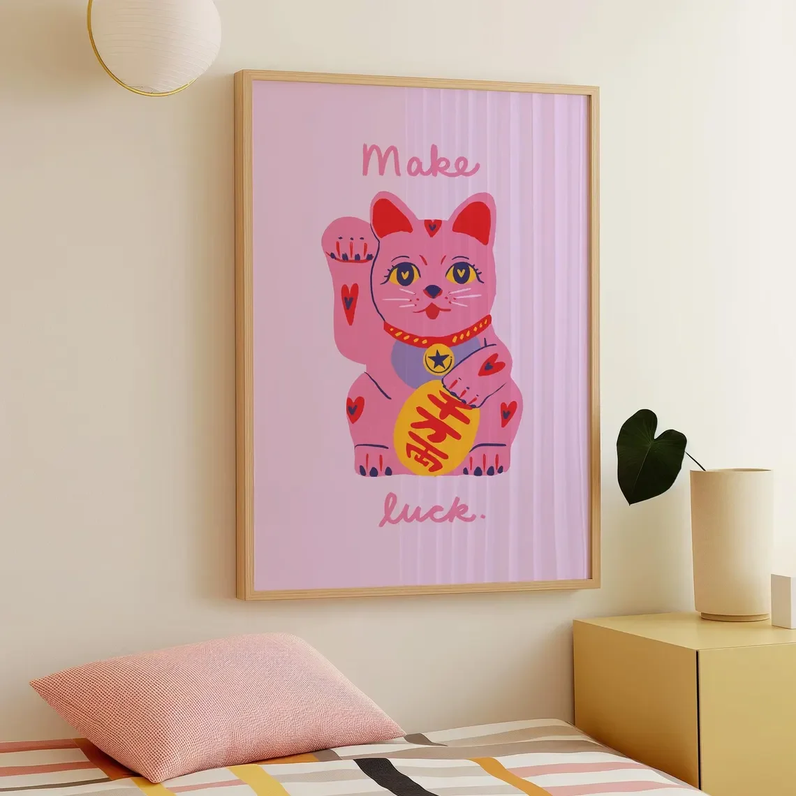 Lucky Cat Print, Pink Maneki Neko Wall Art, Kawaii Room Decor, Asian Good Luck Gift, Cute Japanese Decor, Lucky Charm Art, Desk