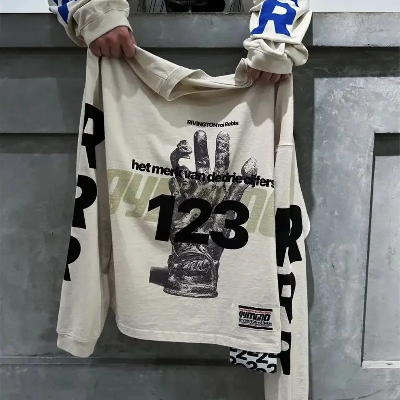 RRR-123 High Street High Quality Graffiti Slogan Long Sleeve Vintage White