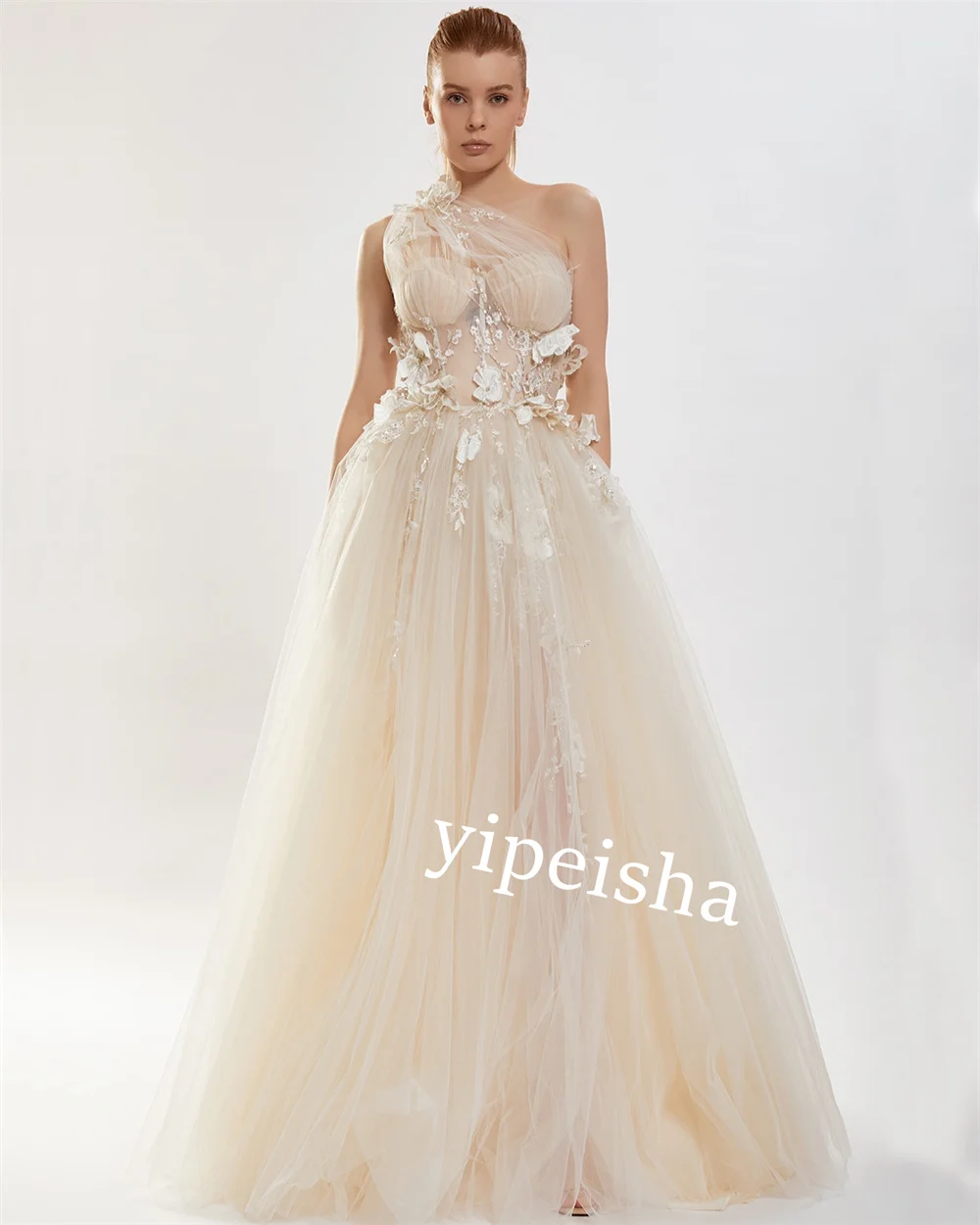 Customized Tulle Applique Pleat Valentine's Day A-line One-shoulder  Bespoke Occasion Gown Long Dresses