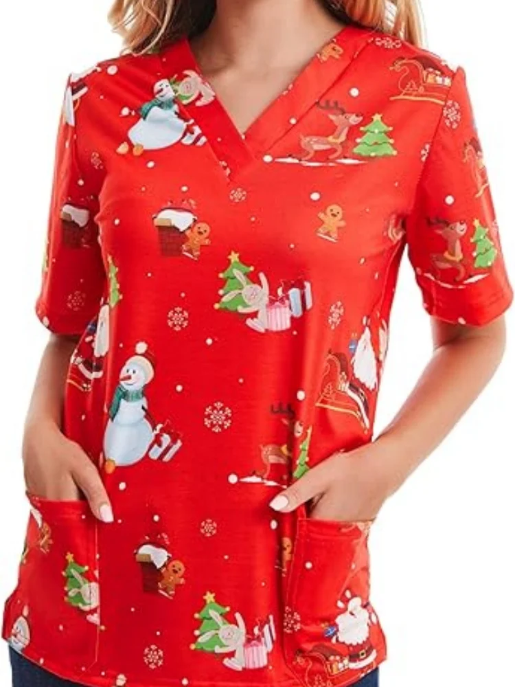 Red Christmas Sanitary Uniform Woman Cute Snowman Prints V-Neck Short Sleeve Pockets in Micro-Elastic Material Tops Clinical Uni