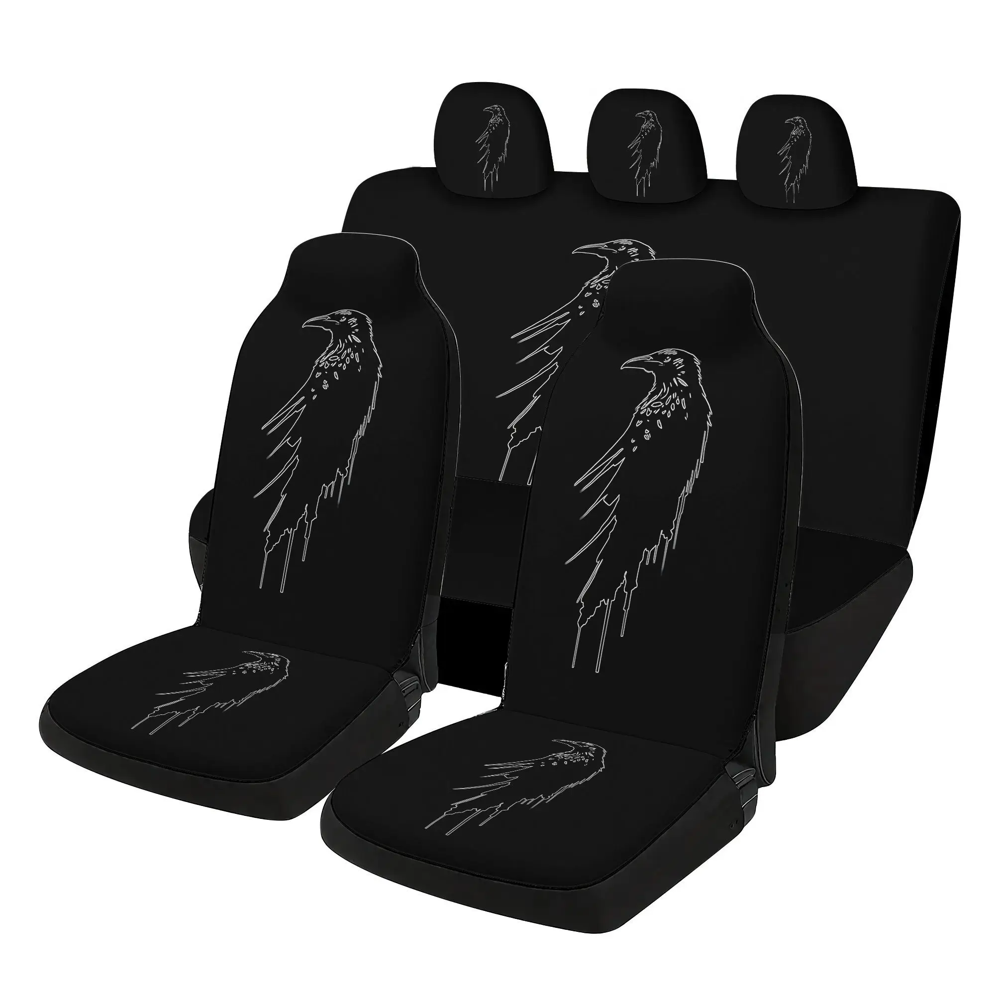 7pcs Dripping Ink Crow Printed Universal Car Seat Covers, Including 2 Front Seat Covers + 1 Rear Backrest Cover + 1 Rear Seat Cu