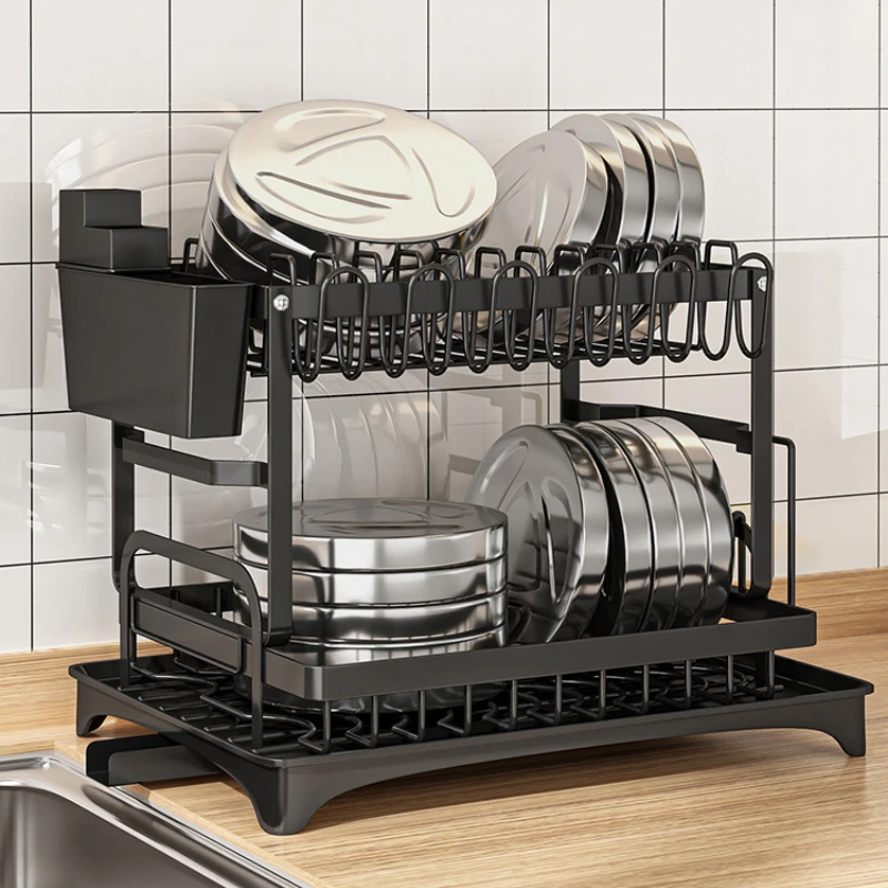 2-Tier Dish Storage Rack with Automatic Drying Space-Saving Kitchen Organizer for Plates Utensils Cutlery Kitchen Draining