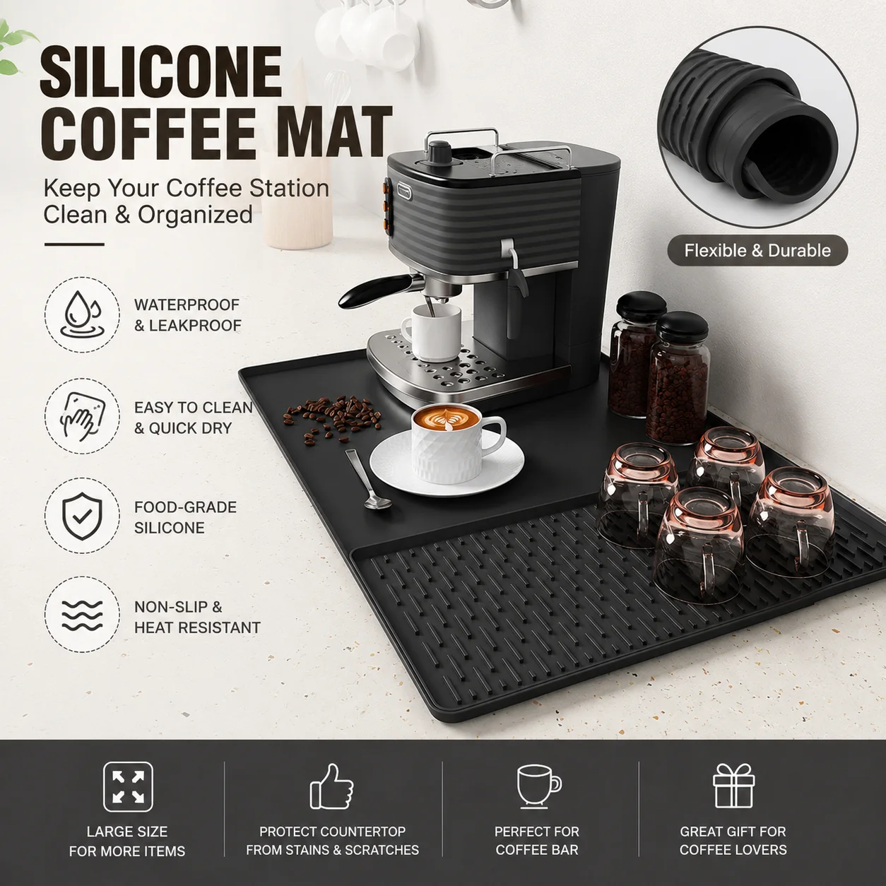2 InSilicone Coffee Mat Coffee Machine Mat Waterproof Non Slip Coffee Bar Mat Countertop Protector Drying Mat Coffee Accessories