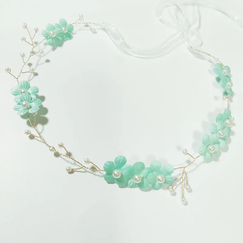 Child Girl Wedding Headband Artificial Mint Green Flower Adjustable Ribbon Crown Wreath Faux Pearl Beading First Communion