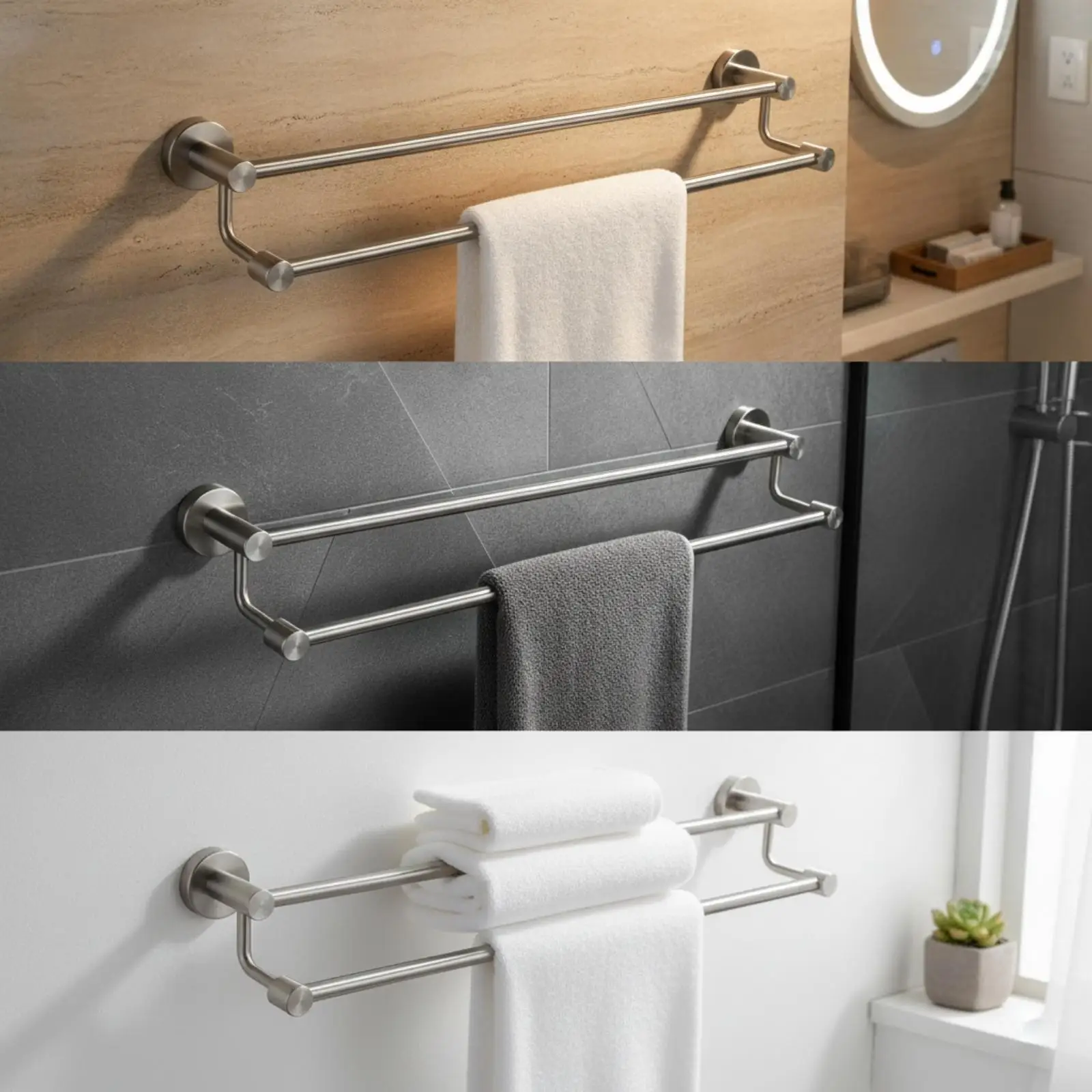 Wall Mounted 304 Stainless Steel Bathroom Towel Shelf Holder with Hanging Bar for Compact Powder Room Storage Rack
