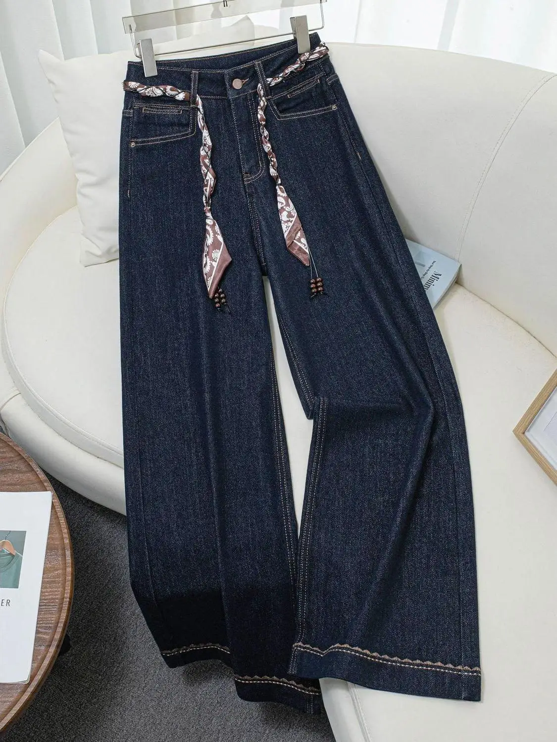 

Джинсы женские синие джинсовые с широкими штанинами, осенне-зимние, новые, модные, с поясом-шарфом из шелка, прямые брюки, с высокой талией, повседневные, стильные